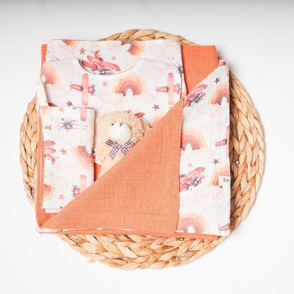 Baby Muslin blanket +burp cloth + toy + bib set, organic muslin baby bib, 4 laye